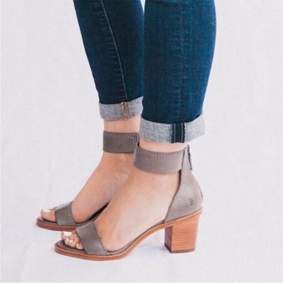 Frye Brielle Grey Strap Wood Heeled Sandal Summer Spring Formal Casual Low Heel - Picture 2 of 14